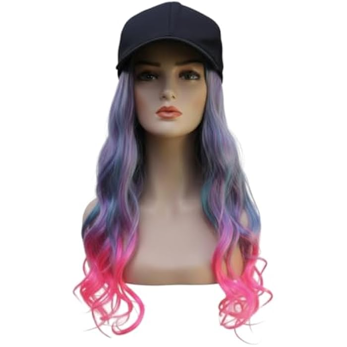 Baseball Cap Wig Long Wavy Ombre Blue Pink Purple Wig Black Cap - Image 1